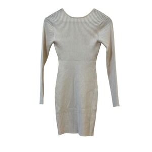 Princess Polly Nadine Long Sleeve Mini Dress Cream Ribbed Knit Bodycon NWT M/L